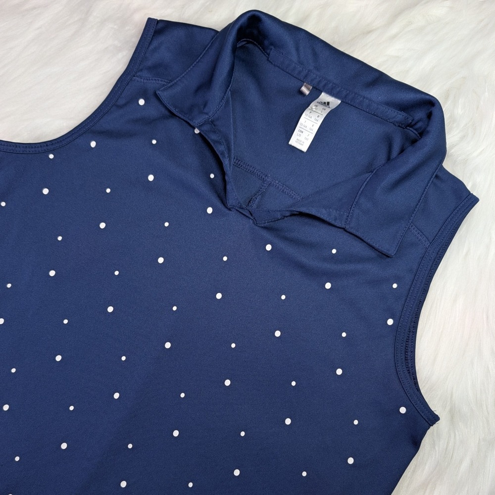 Adidas Golf Polo Women L Navy Blue Polka Dot Sleeveless V-Neck Top GD3596